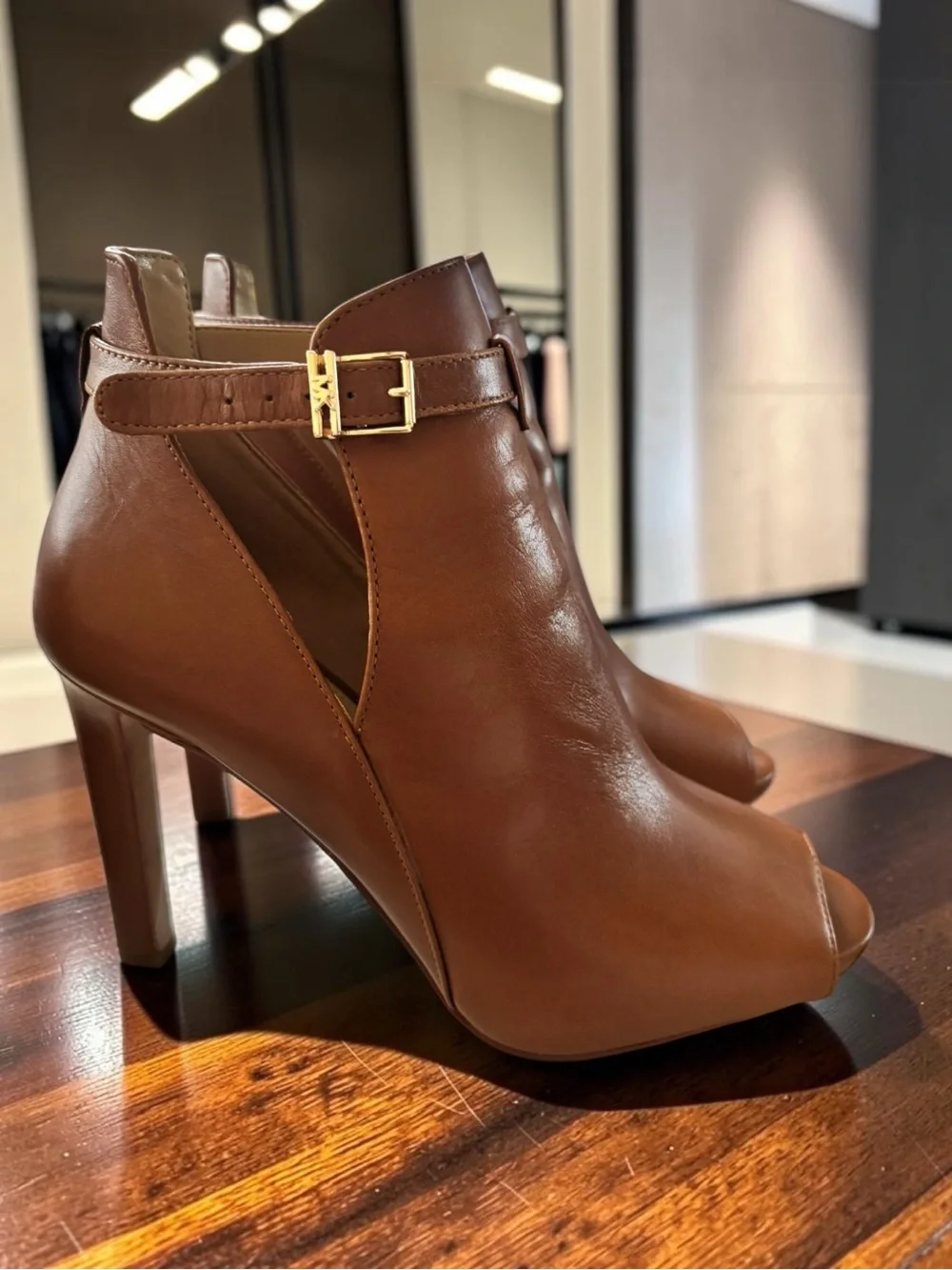 Michael Kors Lawson Open Toe Heeled Booties Brown Leather Size 7.5